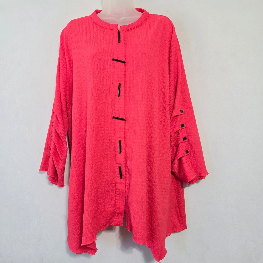 Calessa Top Women 2X Pink Toggle Button Pocket Crinkle Textured Art Lagen Office